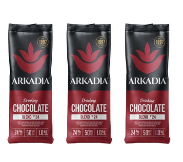 Three packages of Arkadia drinking chocolate on a white background